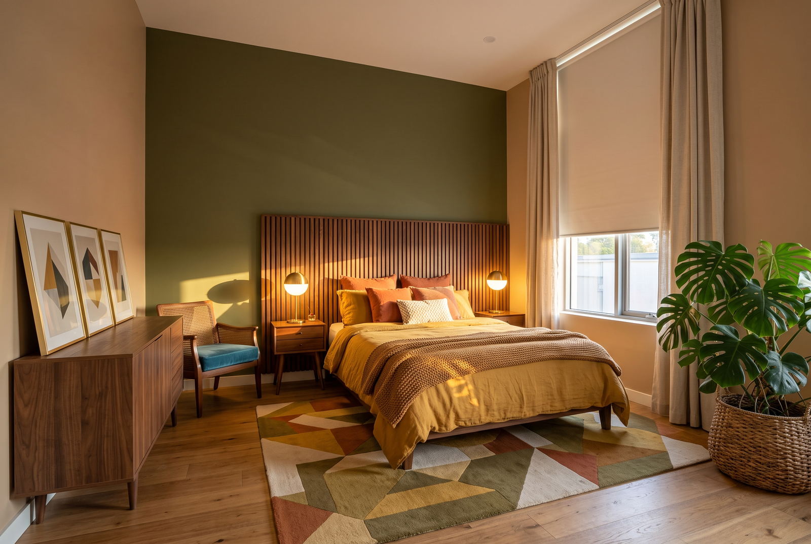 The same bedroom after an AI redesign by Decora, in a mid-century modern style with an olive feature wall, walnut furniture and a geometric rug