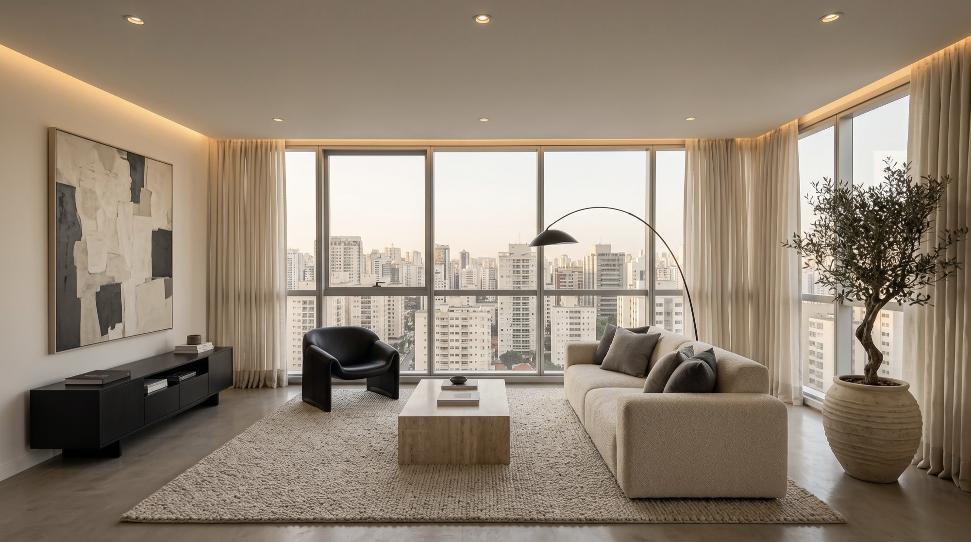 The same city apartment living room after an AI redesign by Decora