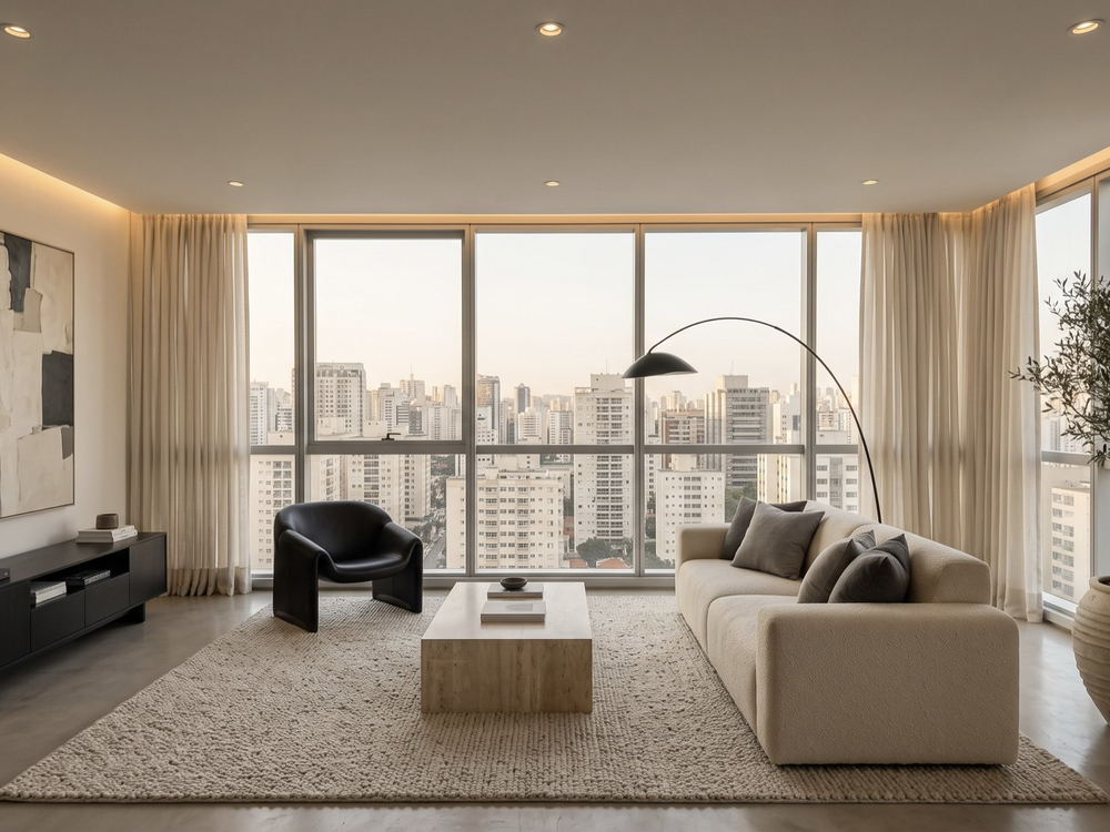The same city apartment living room after an AI redesign by Decora