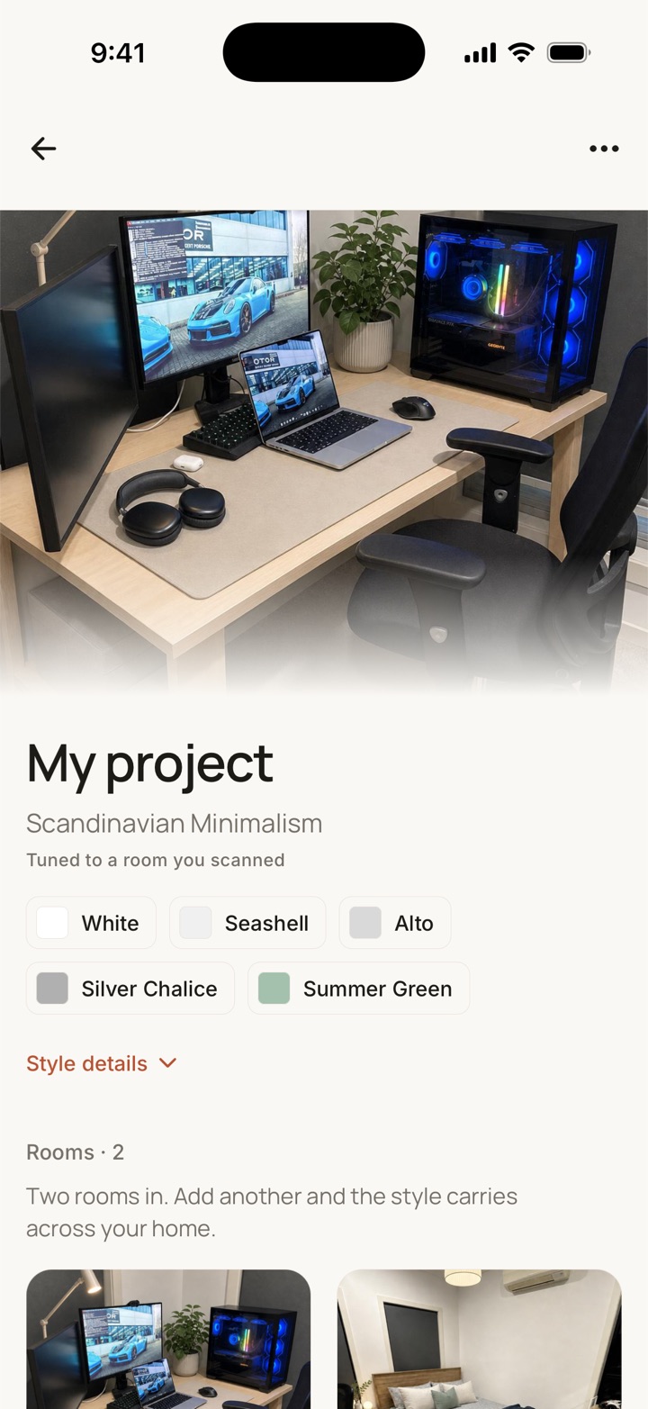 The Decora app showing a project called My project, styled Scandinavian Minimalism and tuned to a room already scanned, with its palette named: White, Seashell, Alto, Silver Chalice and Summer Green. Two rooms are in the project so far.