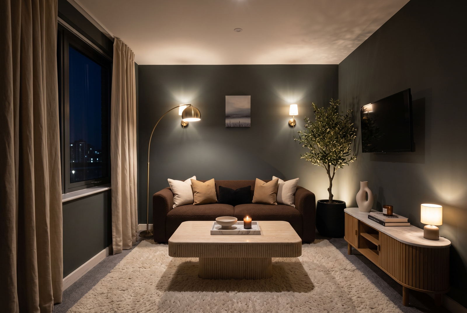 A Decora render of a living room at night with three products identified in it: a wool rug, an arc floor lamp and a linen cushion.